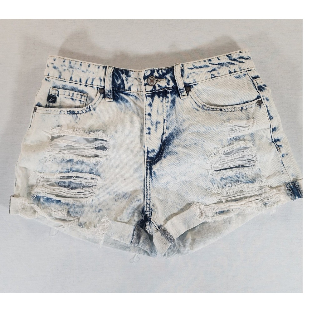 KanCan Acid Wash Denim Shorts Womens Medium Blue Distressed High Rise KC6320L-N